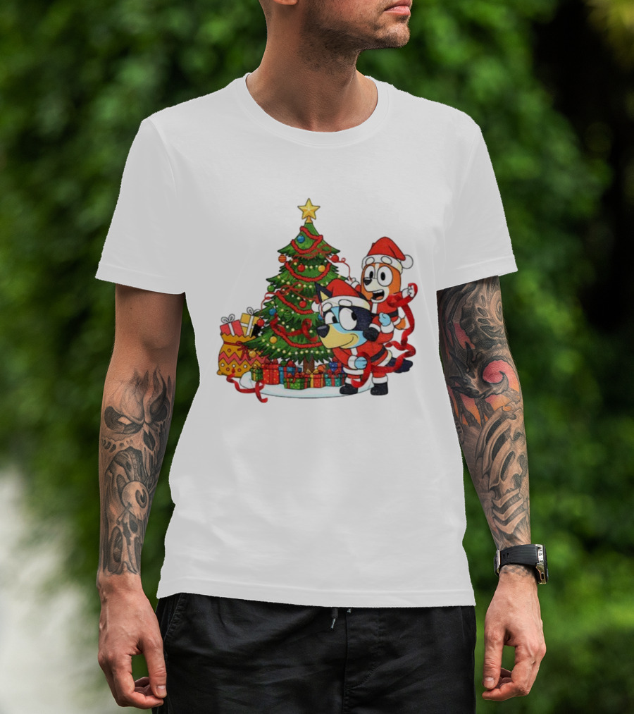 Bluey Bingo Christmas Tree Santa Hat Merry Christmas T-Shirt