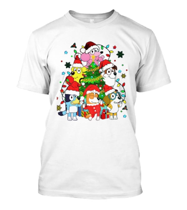 Bluey And Friends Christmas Tree Santa Hats Festive Lights T-Shirt