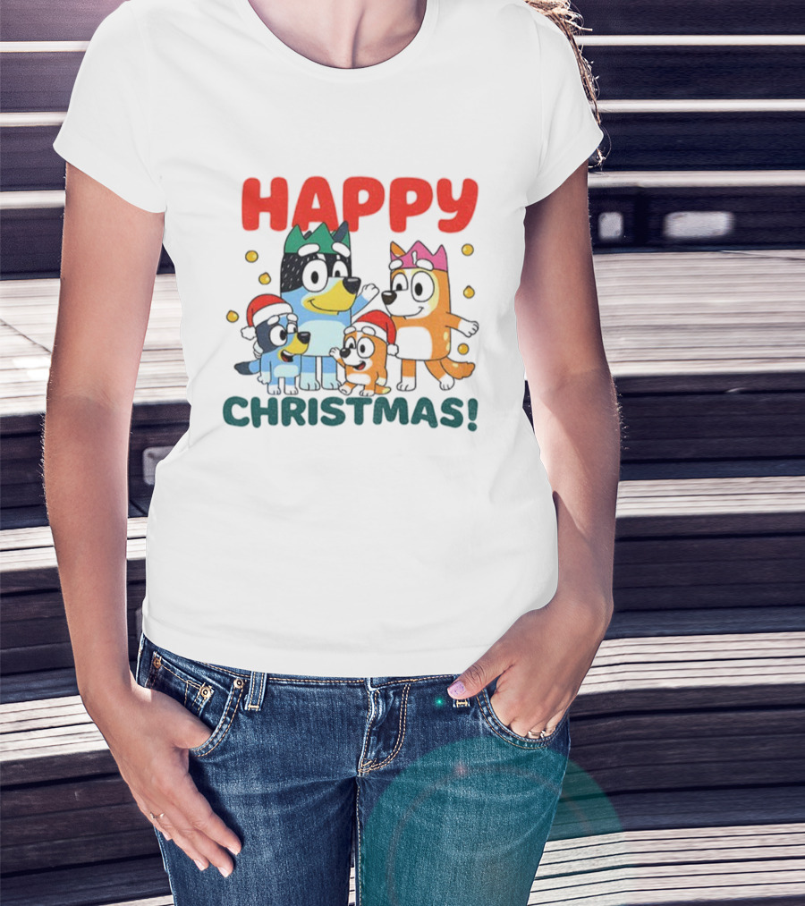 Bluey Family Happy Christmas Santa Hat Celebration T-Shirt