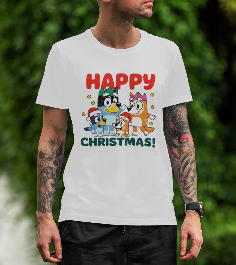 Bluey Family Happy Christmas Santa Hat Celebration T-Shirt