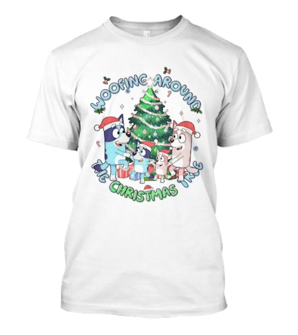 Bluey Family Woofing Around Christmas Tree Santa Hat Merry Christmas T-Shirt