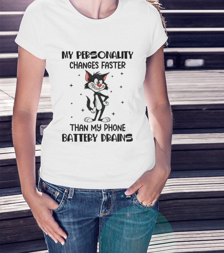 Funny Cat My Personality Changes Faster Than My Phone Battery Drains T-Shirt