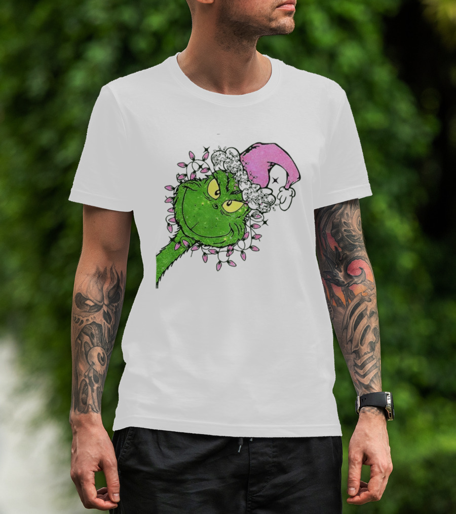 Pink Santa Grinch Feeling Extra Grinchy Today Christmas Lights T-Shirt