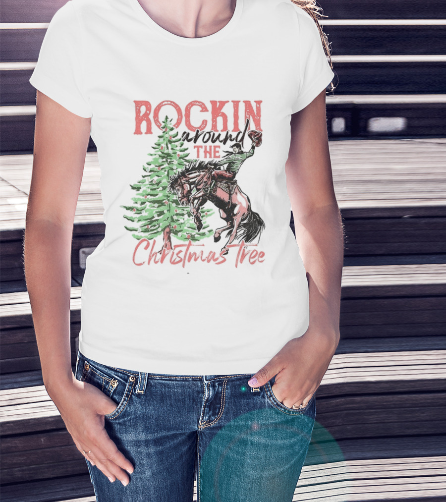 Rockin Around The Christmas Tree Cowboy Country Retro Christmas Cowboy And Tree T-Shirt