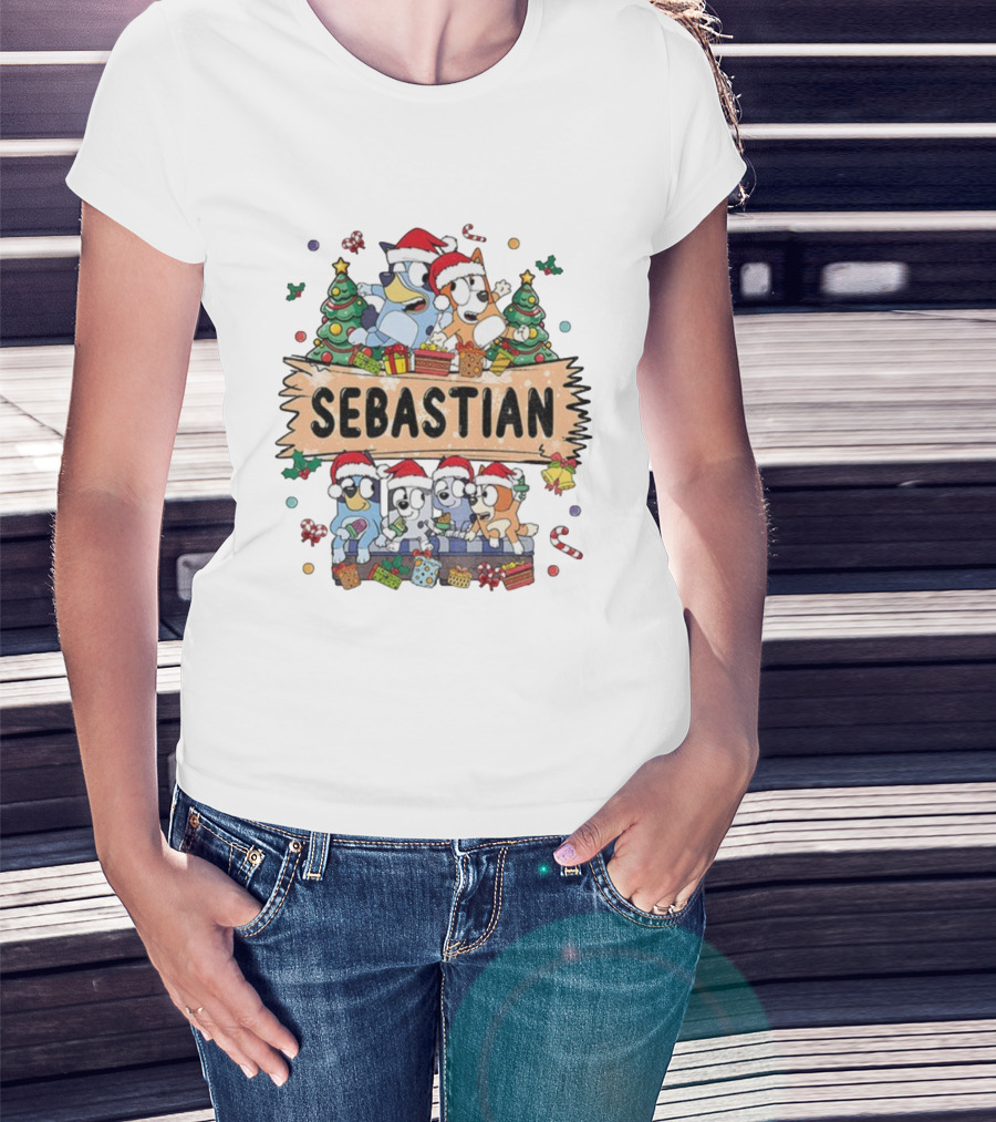 Sebastian Bluey Family Christmas Santa Hats Holiday Celebration T-Shirt