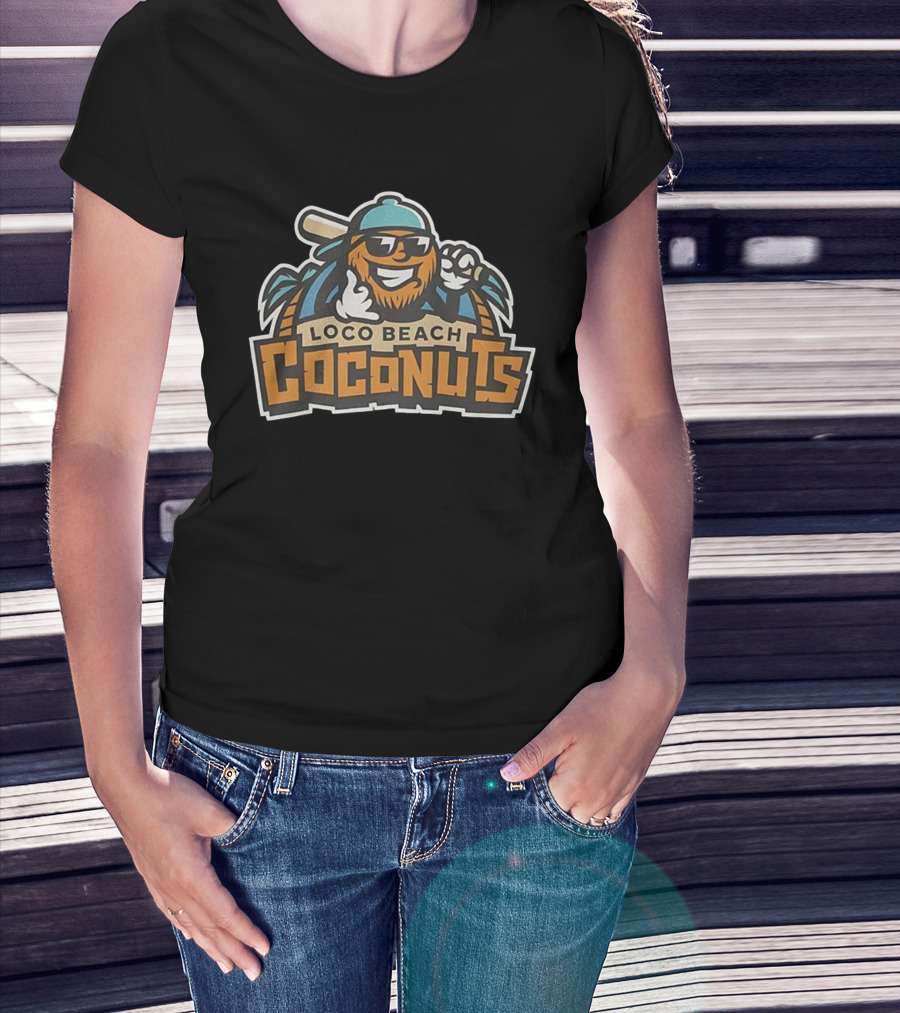 Loco Beach Coconuts Baseball Cartoon Character With Sunglasses And Bat T-Shirt