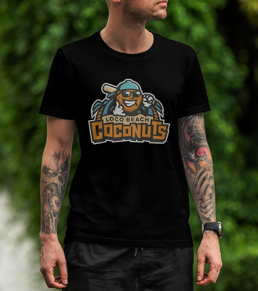 Loco Beach Coconuts Baseball Cartoon Character With Sunglasses And Bat T-Shirt