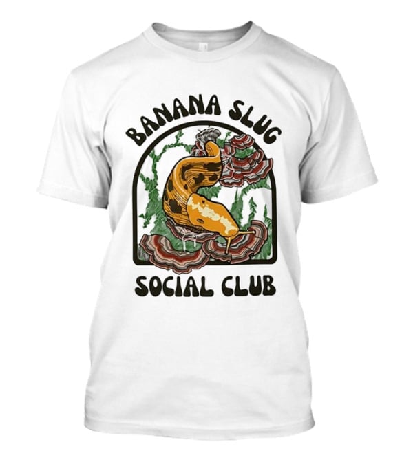 Banana Slug Social Club Nature-Inspired Design With Forest And Mushrooms T-Shirt