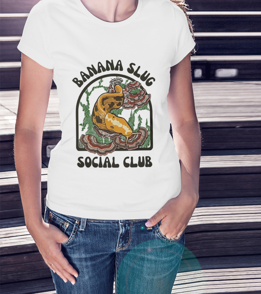 Banana Slug Social Club Nature-Inspired Design With Forest And Mushrooms T-Shirt