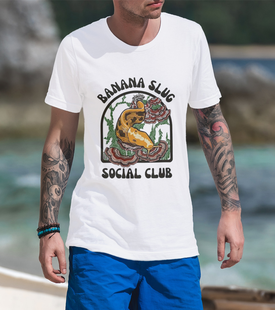 Banana Slug Social Club Nature-Inspired Design With Forest And Mushrooms T-Shirt