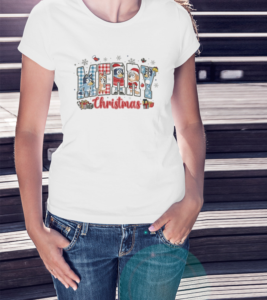 Merry Christmas Bluey Dog Friends In Santa Hats 2025 T-Shirt