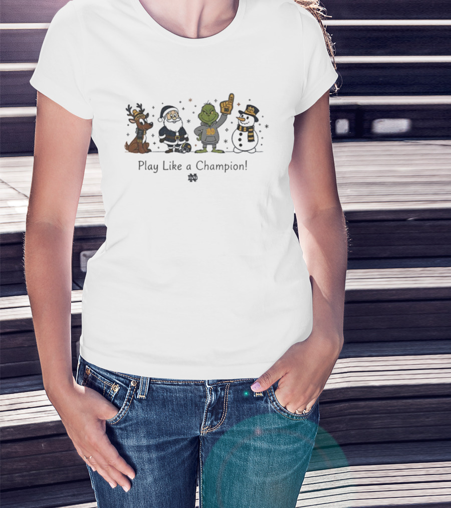 Santa Grinch Snowman Reindeer Notre Dame Fighting Irish Play Like A Champion Christmas T-Shirt