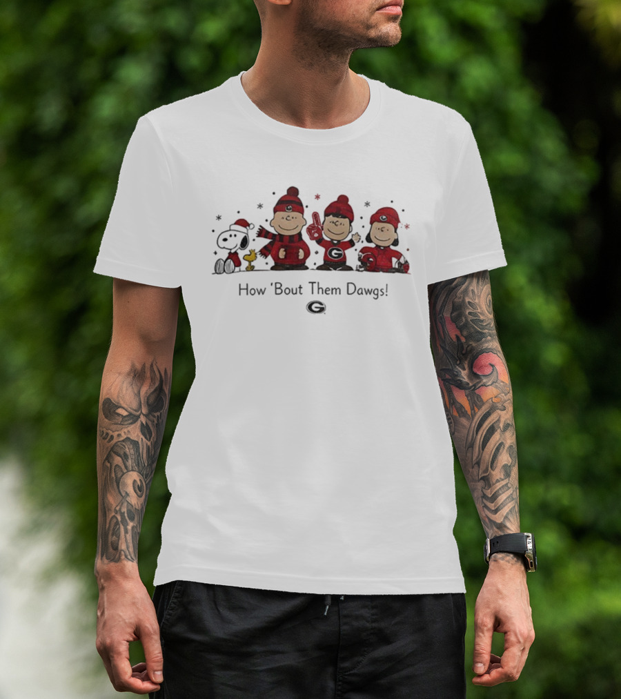 Snoopy Peanuts Characters Georgia Bulldogs Football How 'Bout Them Dawgs Christmas T-Shirt