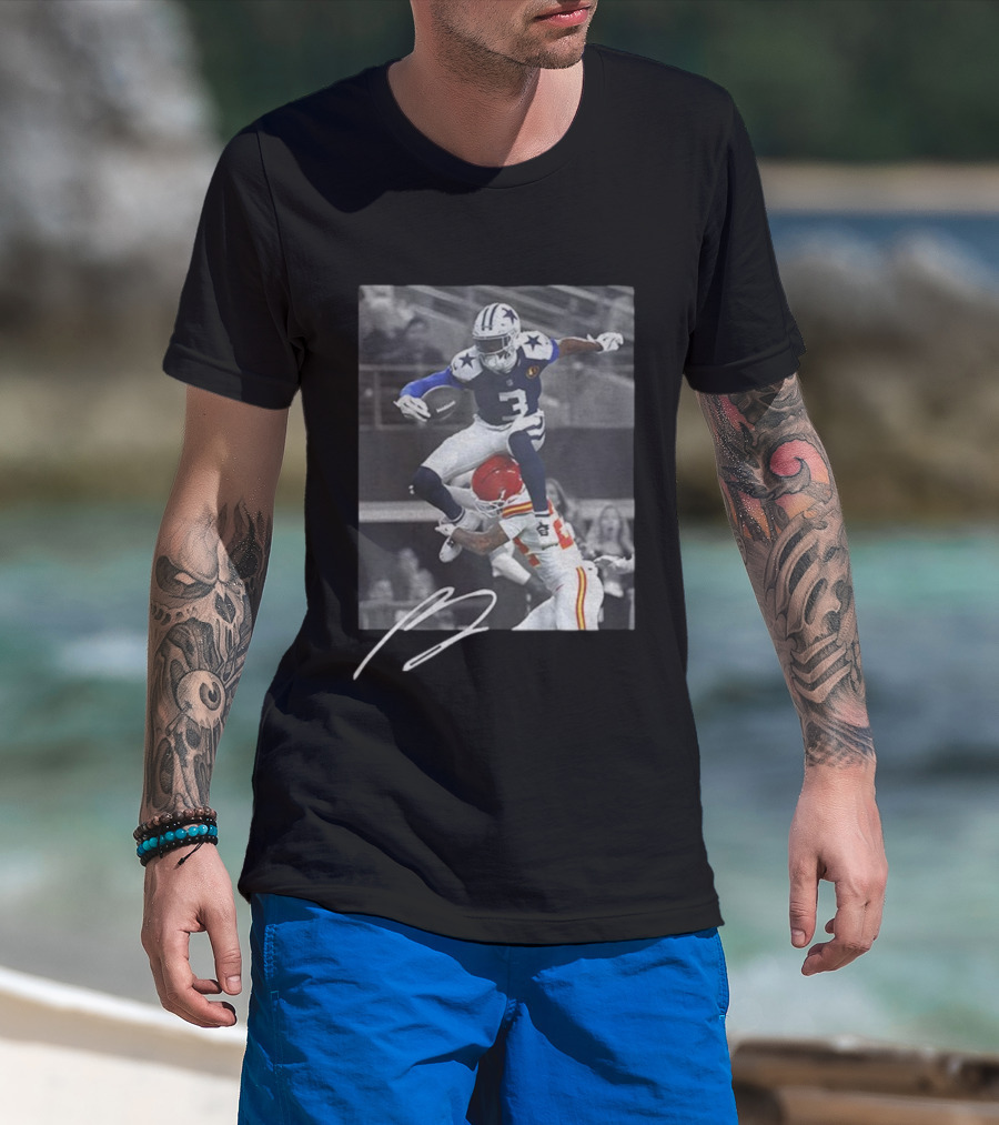 George Pickens Jumping Over Opponent Dallas Cowboys NFL Football Action Signature T-Shirt