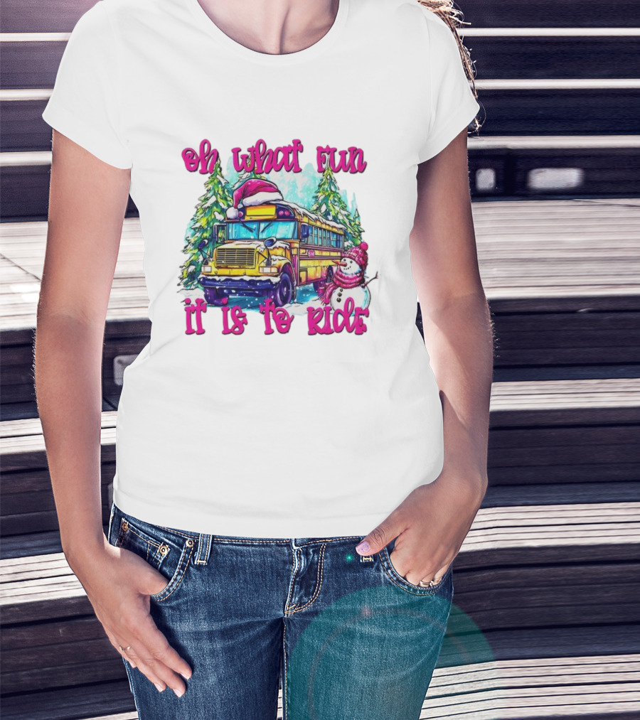 Oh What Fun It Is To Ride Christmas School Bus Snowman Scene T-Shirt
