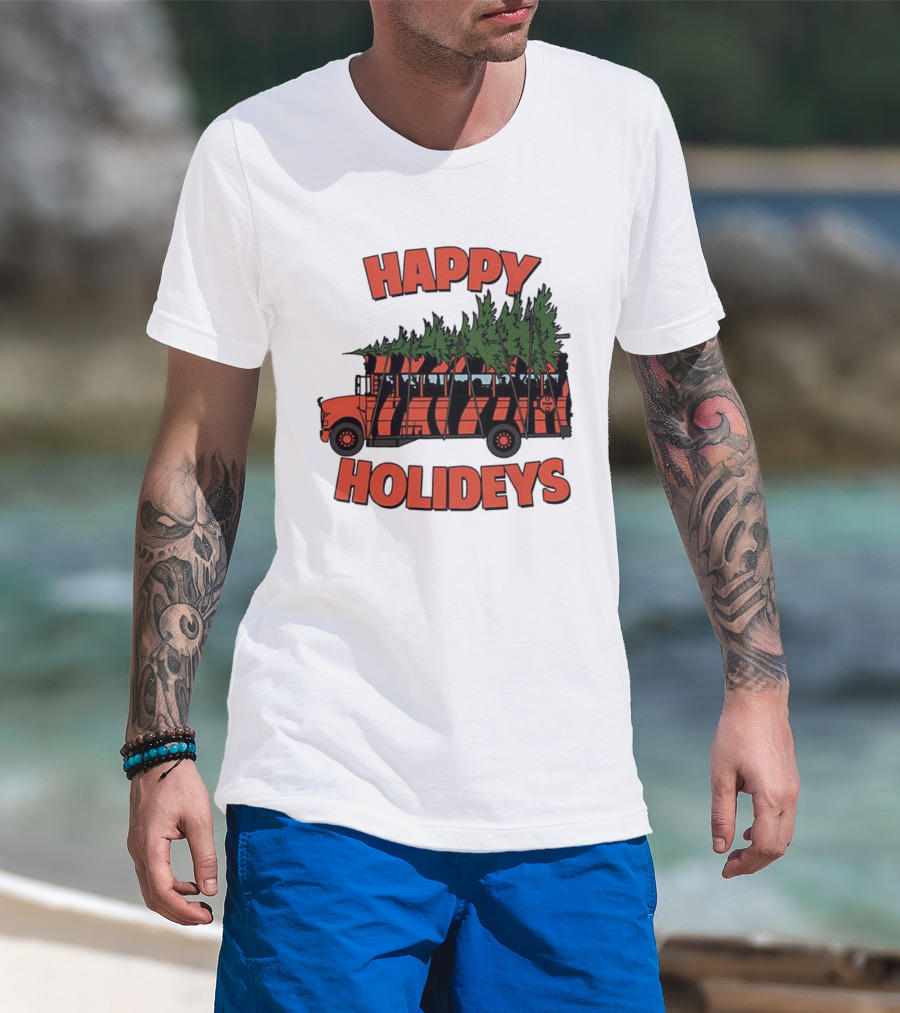 Cincinnati Bengals Happy Holidays Christmas School Bus T-Shirt