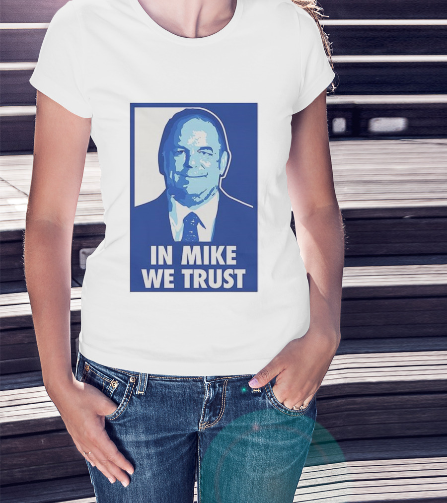 In Mike We Trust Mike Elko Blue Portrait T-Shirt