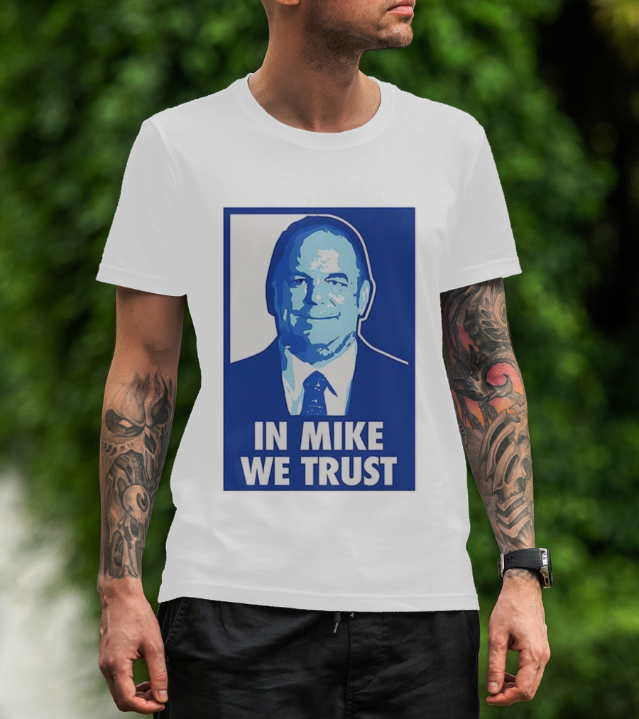 In Mike We Trust Mike Elko Blue Portrait T-Shirt
