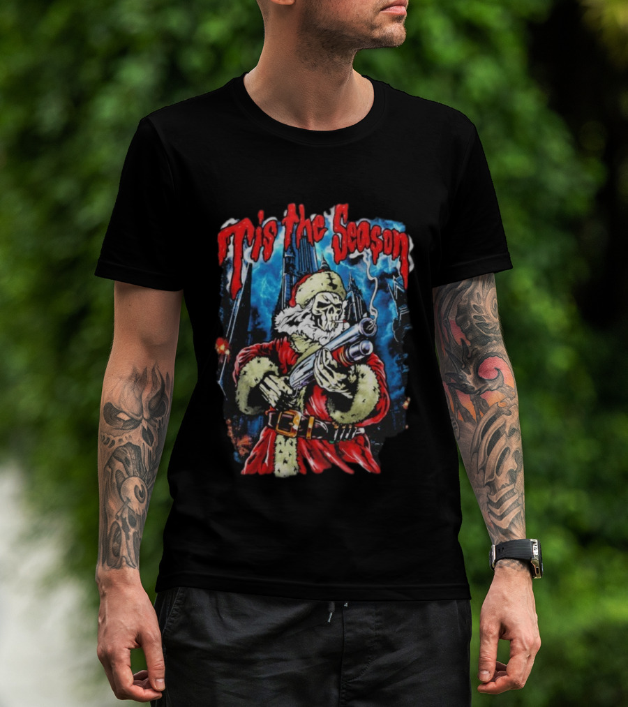 Warren Lotas Tis The Season Skull Santa Holding Shotgun T-Shirt