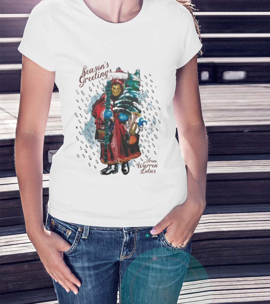 Season's Greetings From Warren Lotas Christmas Skeleton In Santa Robe T-Shirt