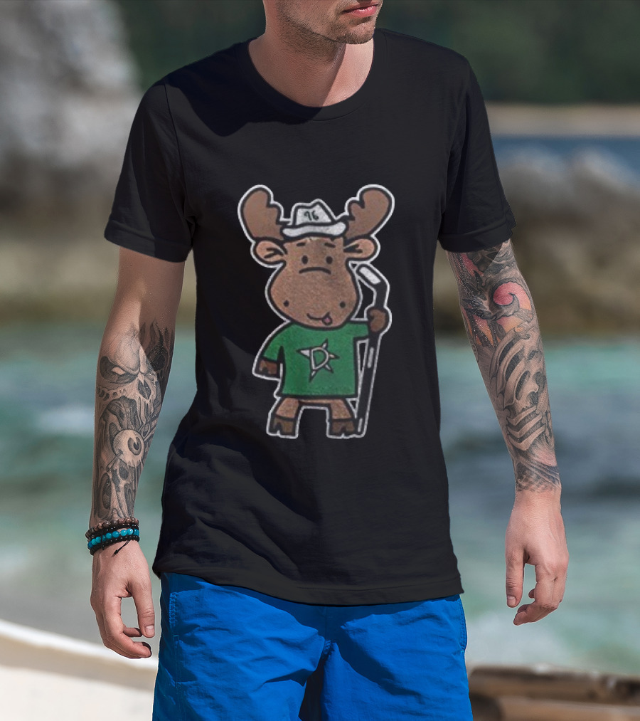 Dallas Stars 2025 Kelly Green Moose Mascot Hockey Stick Star Logo T-Shirt
