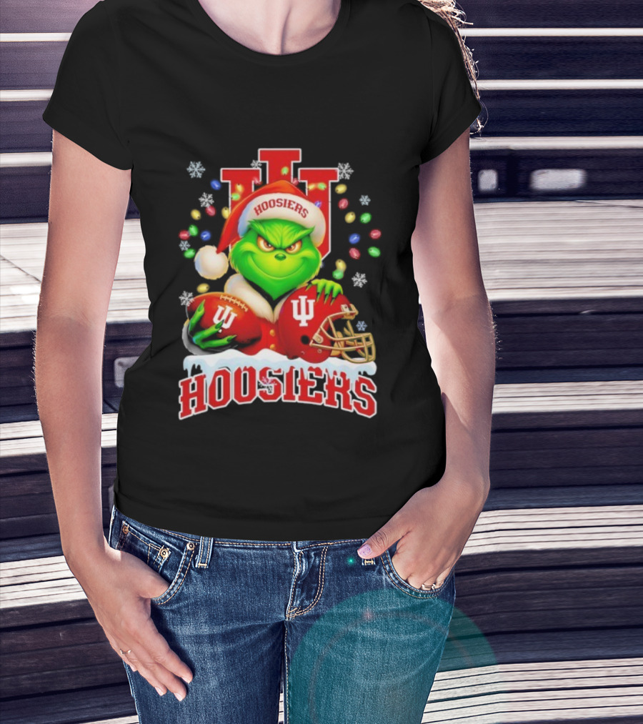 Grinch Santa With Indiana Hoosiers Football Helmet Christmas Theme T-Shirt
