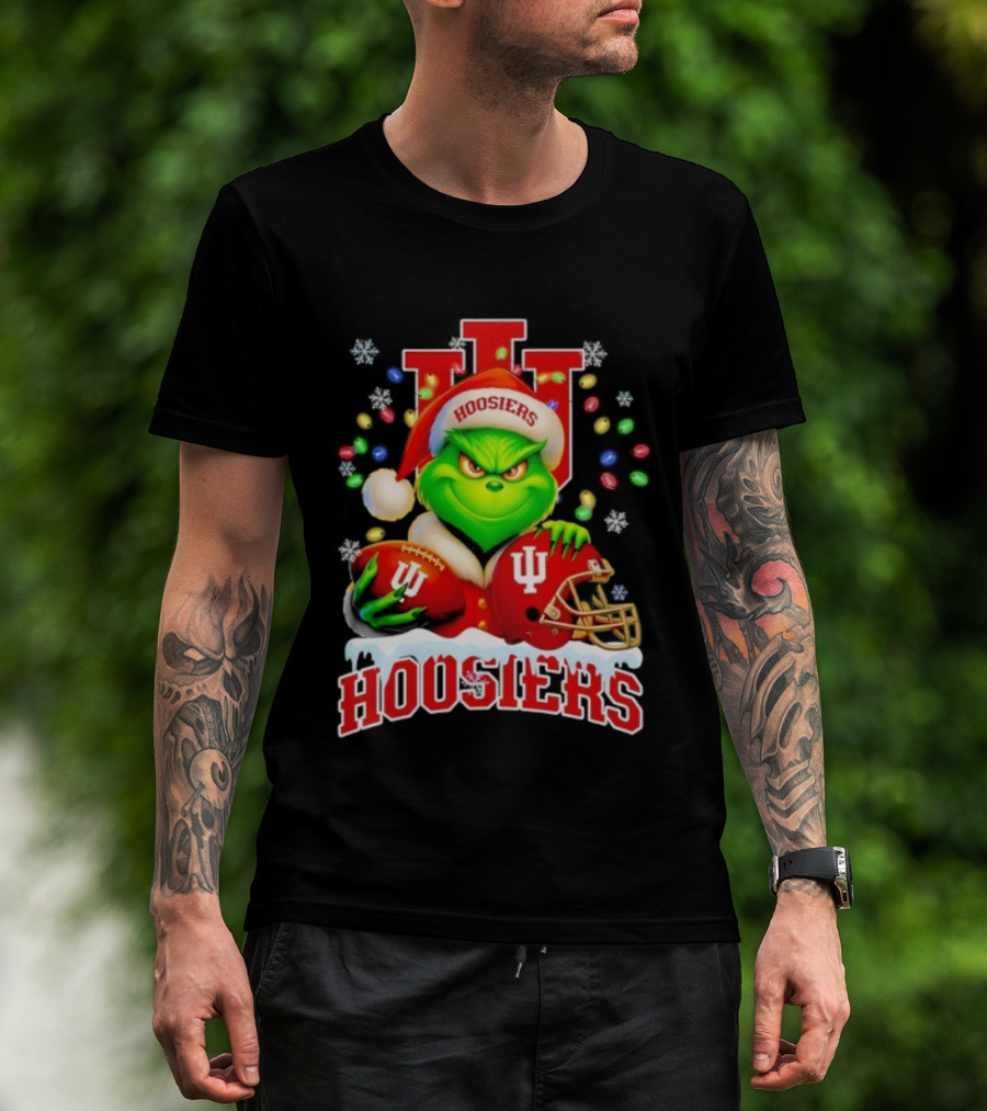 Grinch Santa With Indiana Hoosiers Football Helmet Christmas Theme T-Shirt