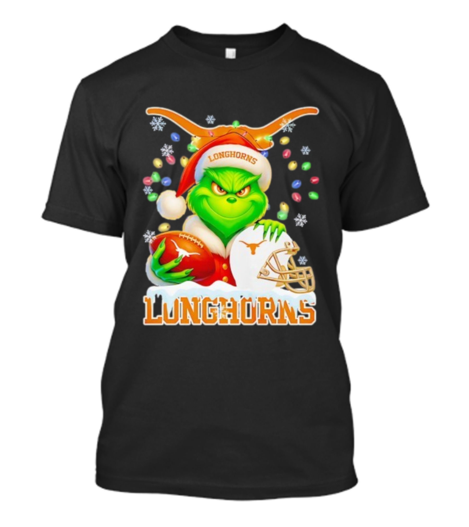 Grinch With Texas Longhorns Christmas Football Helmet And Santa Hat T-Shirt