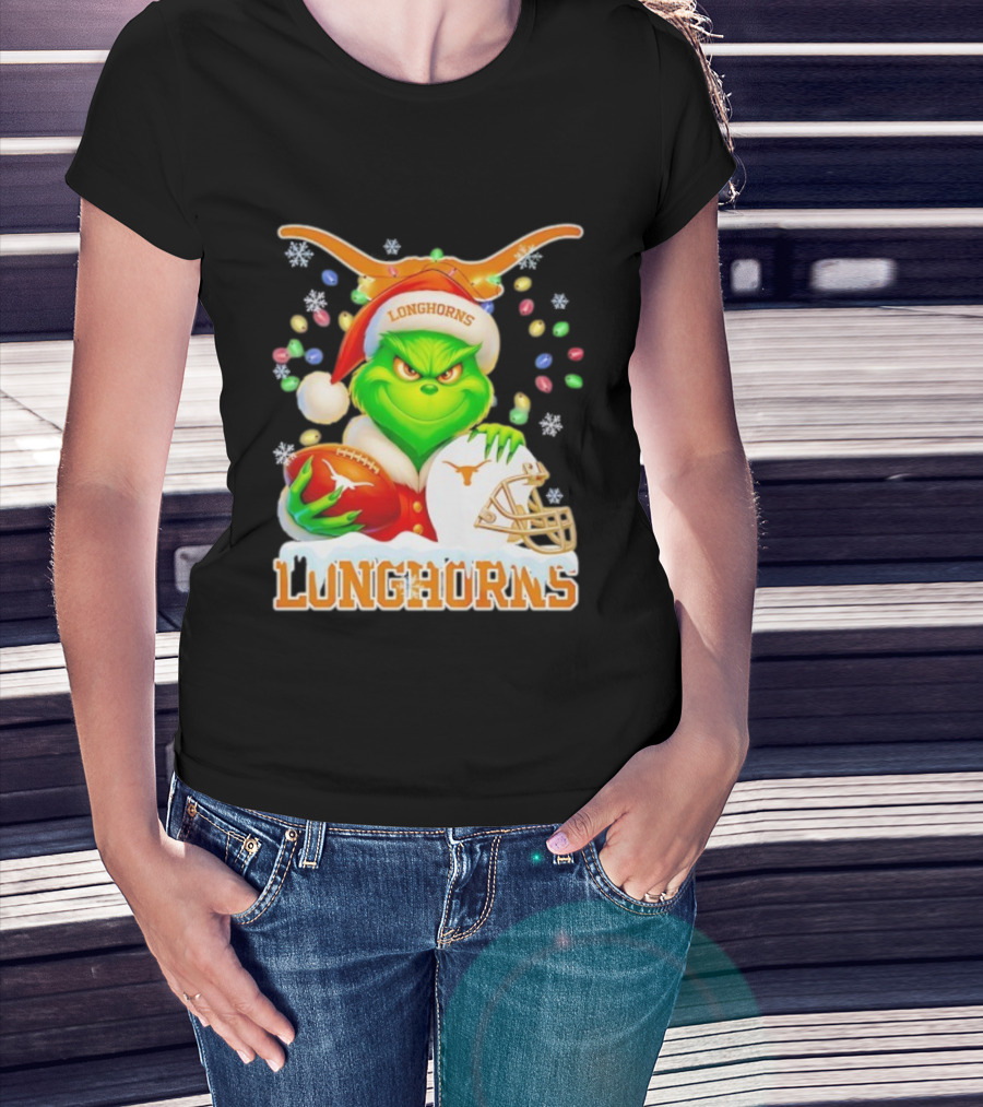 Grinch With Texas Longhorns Christmas Football Helmet And Santa Hat T-Shirt