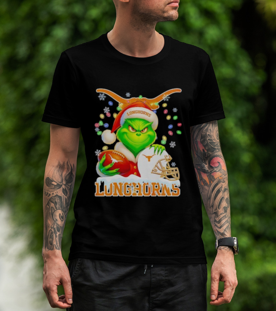 Grinch With Texas Longhorns Christmas Football Helmet And Santa Hat T-Shirt