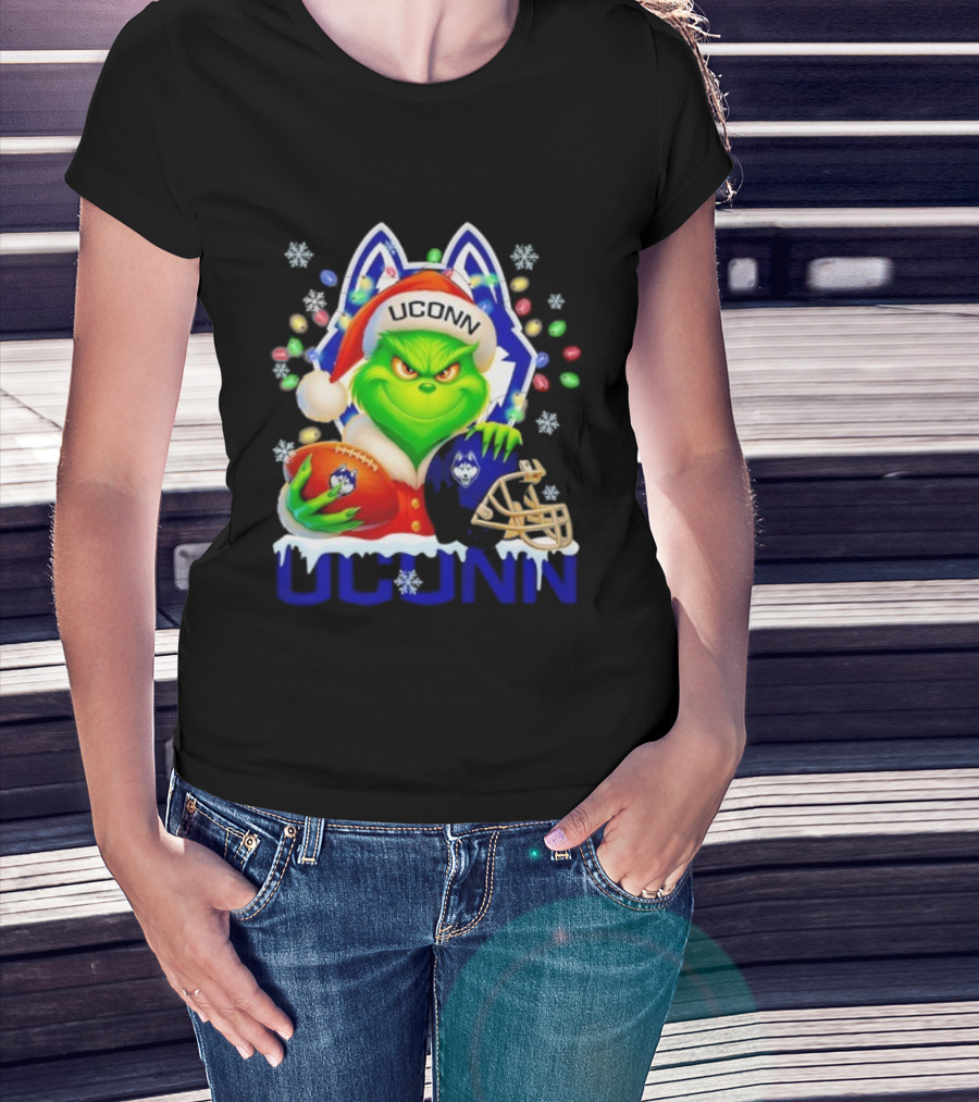 Grinch Wearing Santa Hat With UConn Huskies Football And Helmet Merry Christmas T-Shirt