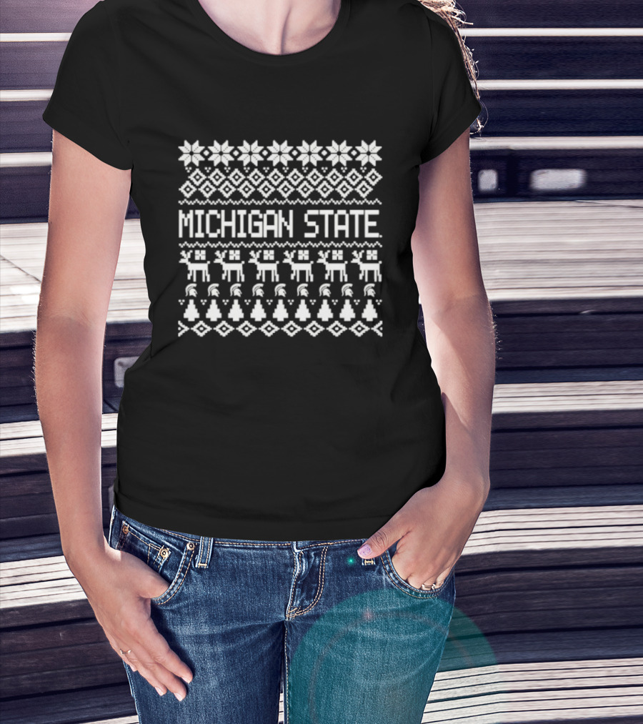 Michigan State Spartans Christmas Holiday Festive Patterns And Reindeer Motif T-Shirt