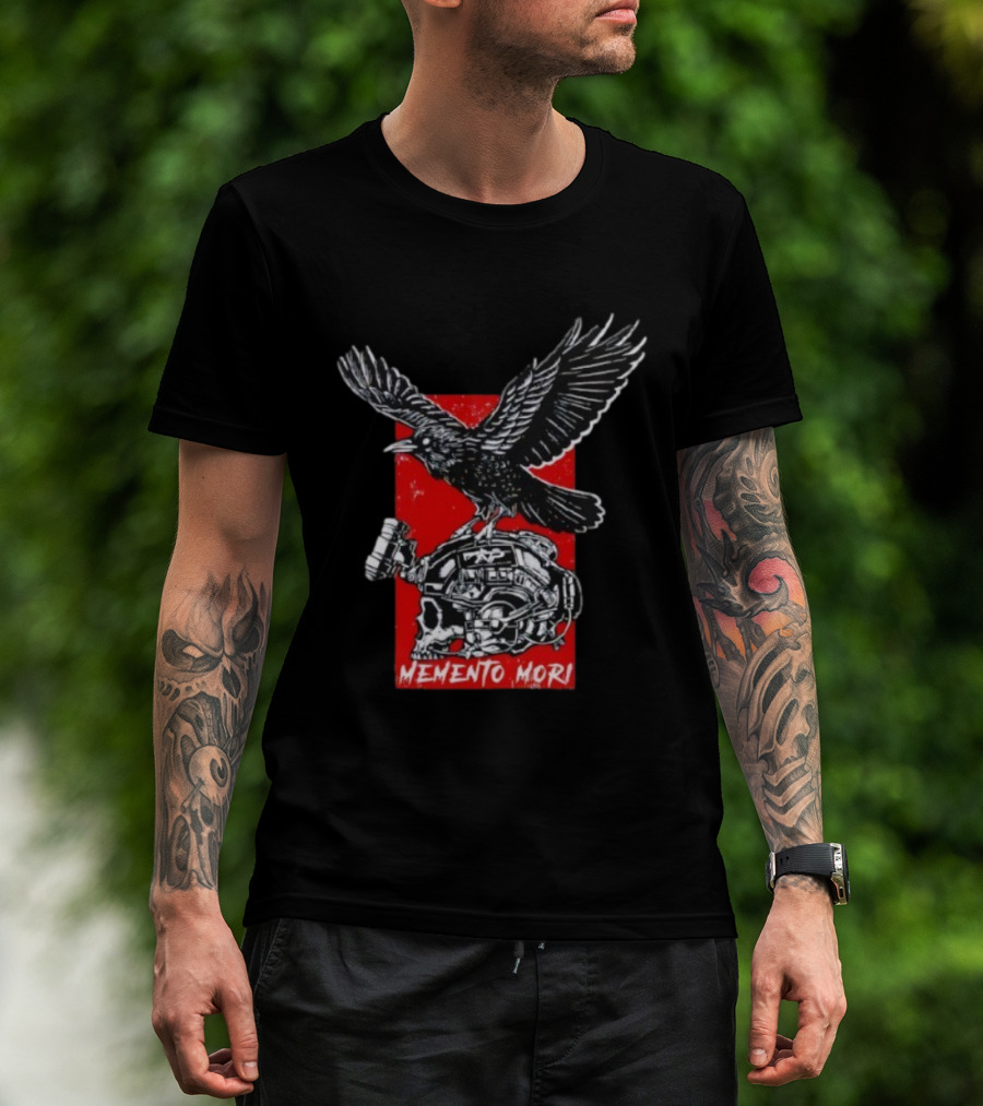 Raven Memento Mori Skull Helmet Red Background T-Shirt