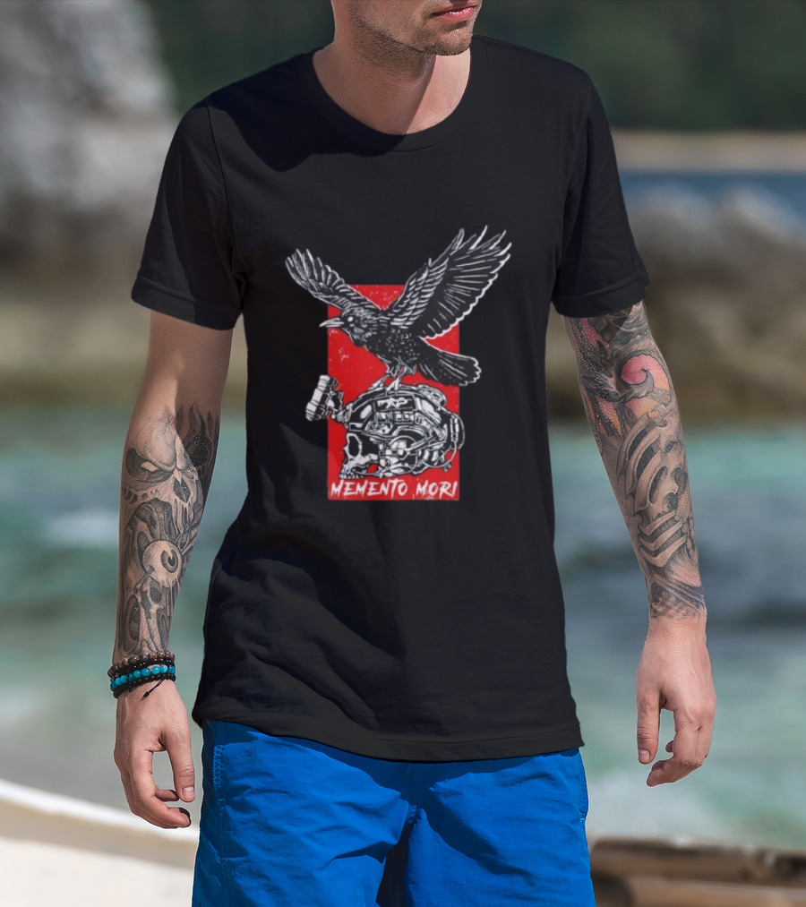 Raven Memento Mori Skull Helmet Red Background T-Shirt
