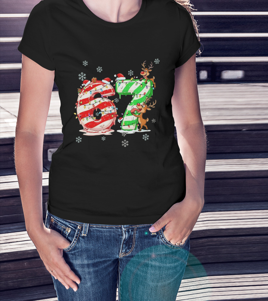67 Christmas Reindeer Candy Cane Lights Snowflakes T-Shirt