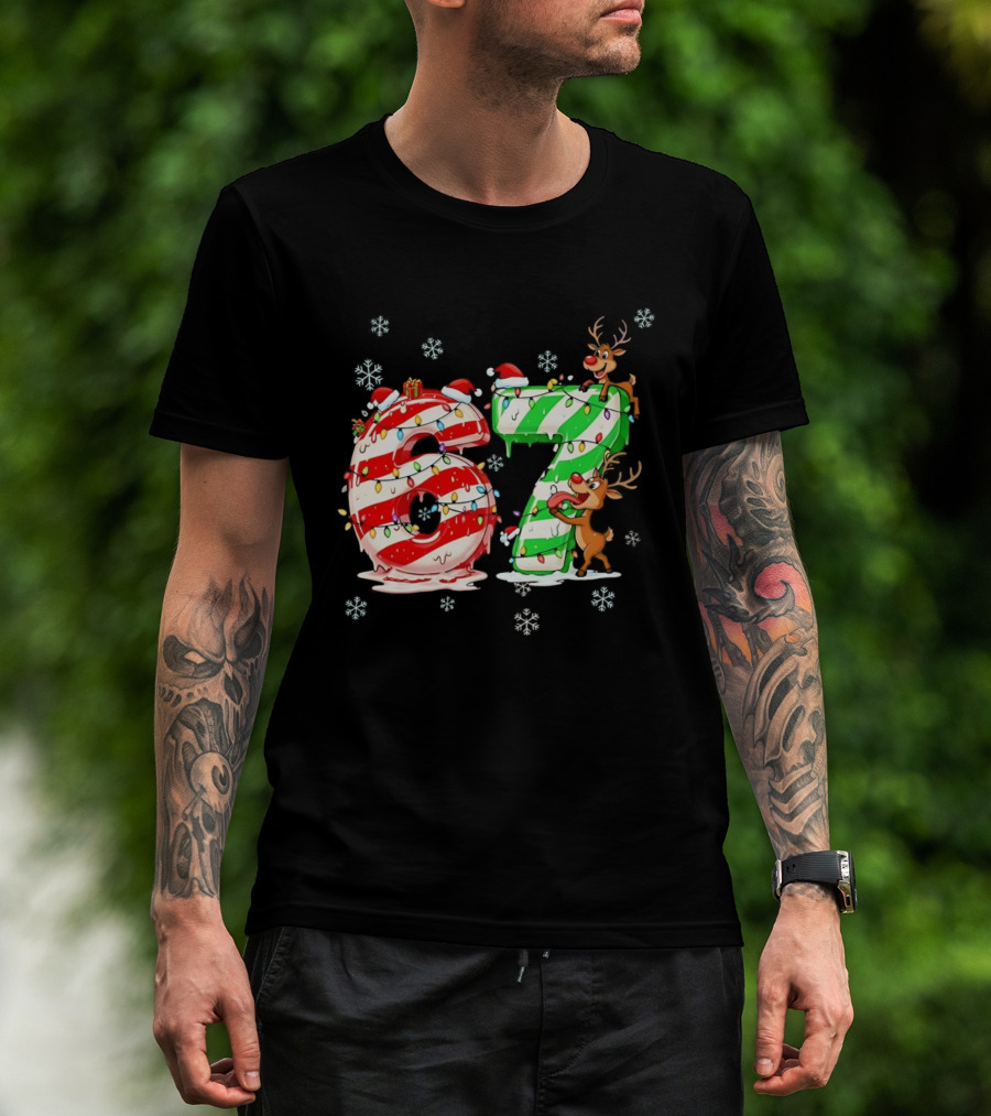 67 Christmas Reindeer Candy Cane Lights Snowflakes T-Shirt