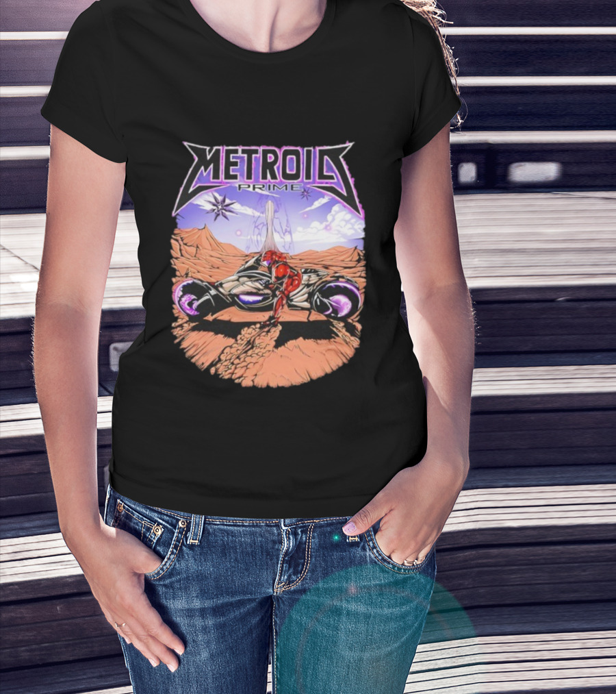 Metroid Prime Sci-Fi Landscape With Armored Character And Alien Desert Scene T-Shirt