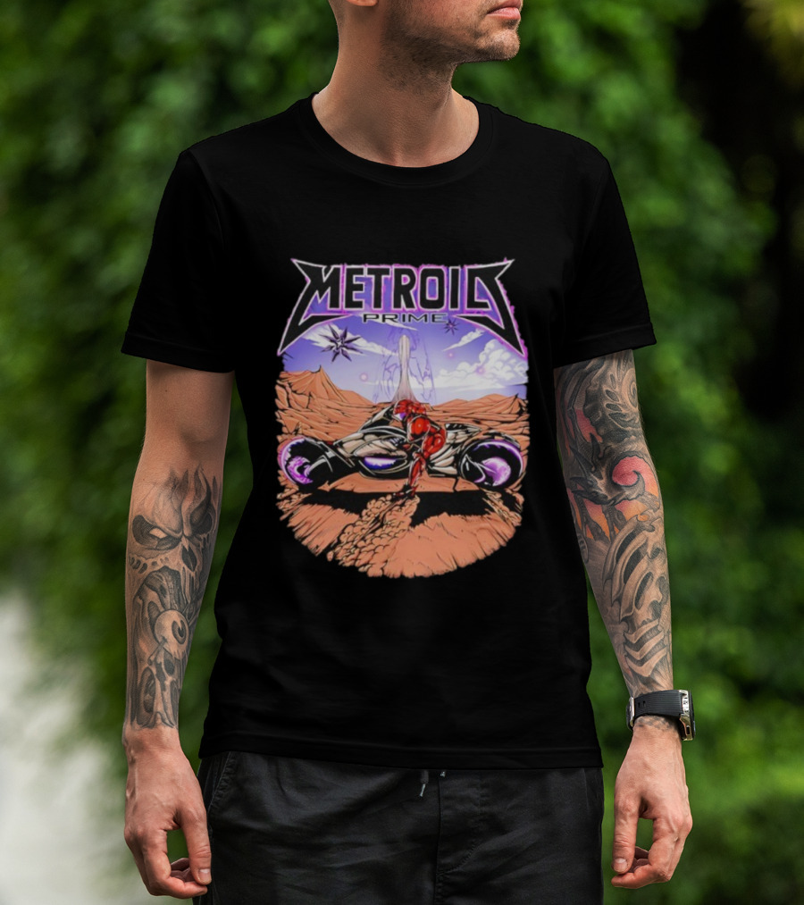 Metroid Prime Sci-Fi Landscape With Armored Character And Alien Desert Scene T-Shirt