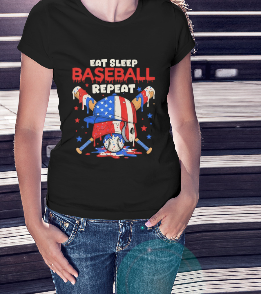 Eat Sleep Baseball Repeat Funny Ice Cream Drip Patriotic Crossed Bats T-Shirt