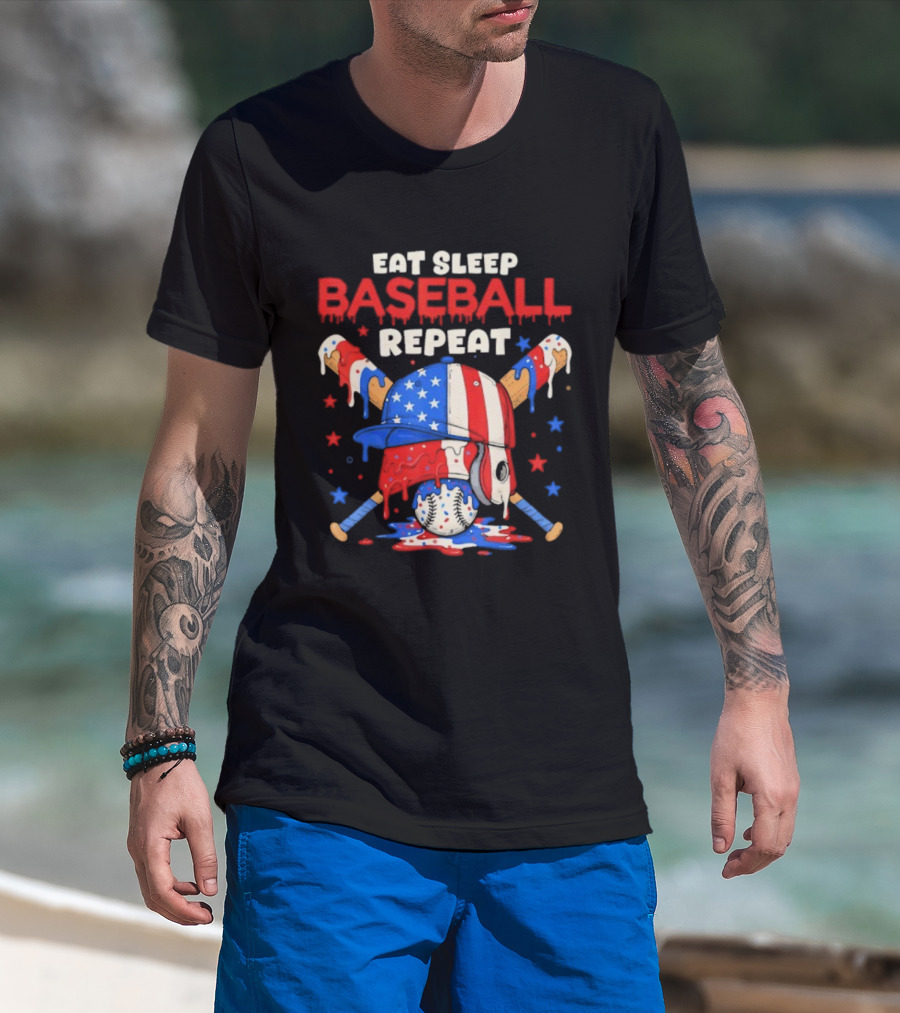 Eat Sleep Baseball Repeat Funny Ice Cream Drip Patriotic Crossed Bats T-Shirt