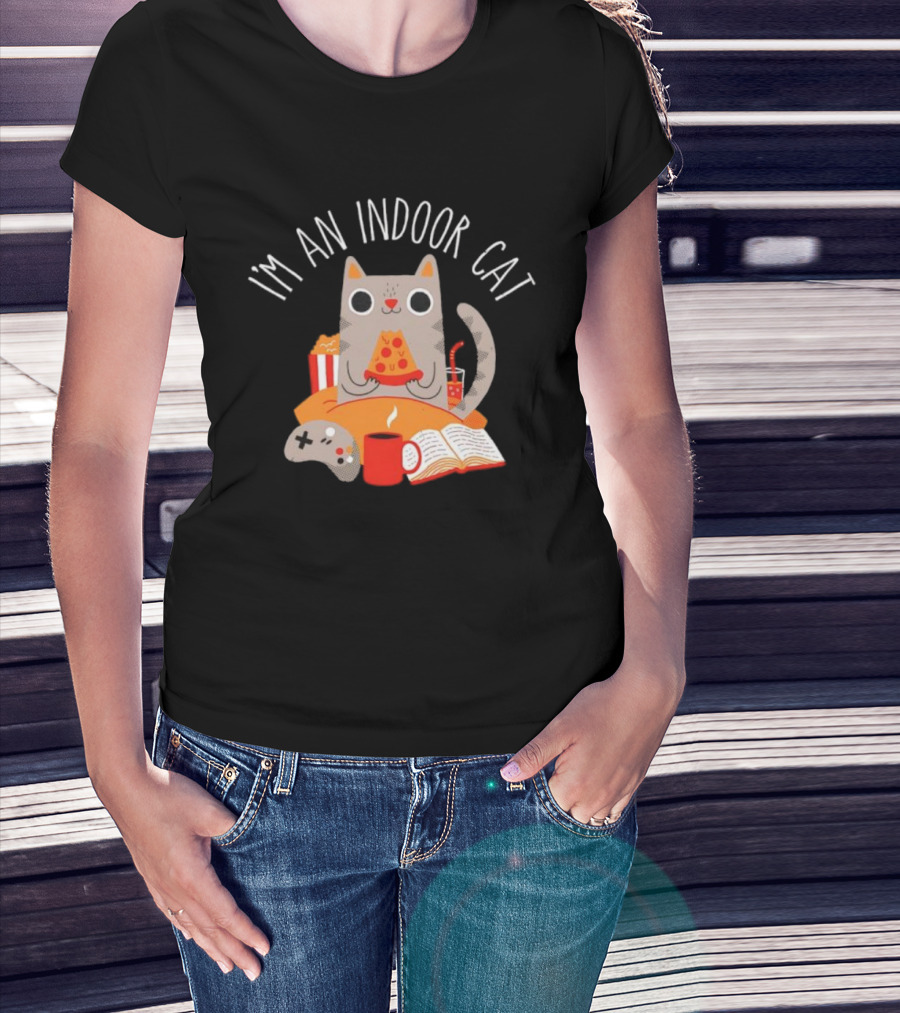 I'm An Indoor Cat Cartoon Cozy Vibes With Pizza, Popcorn, And Video Game Controller T-Shirt
