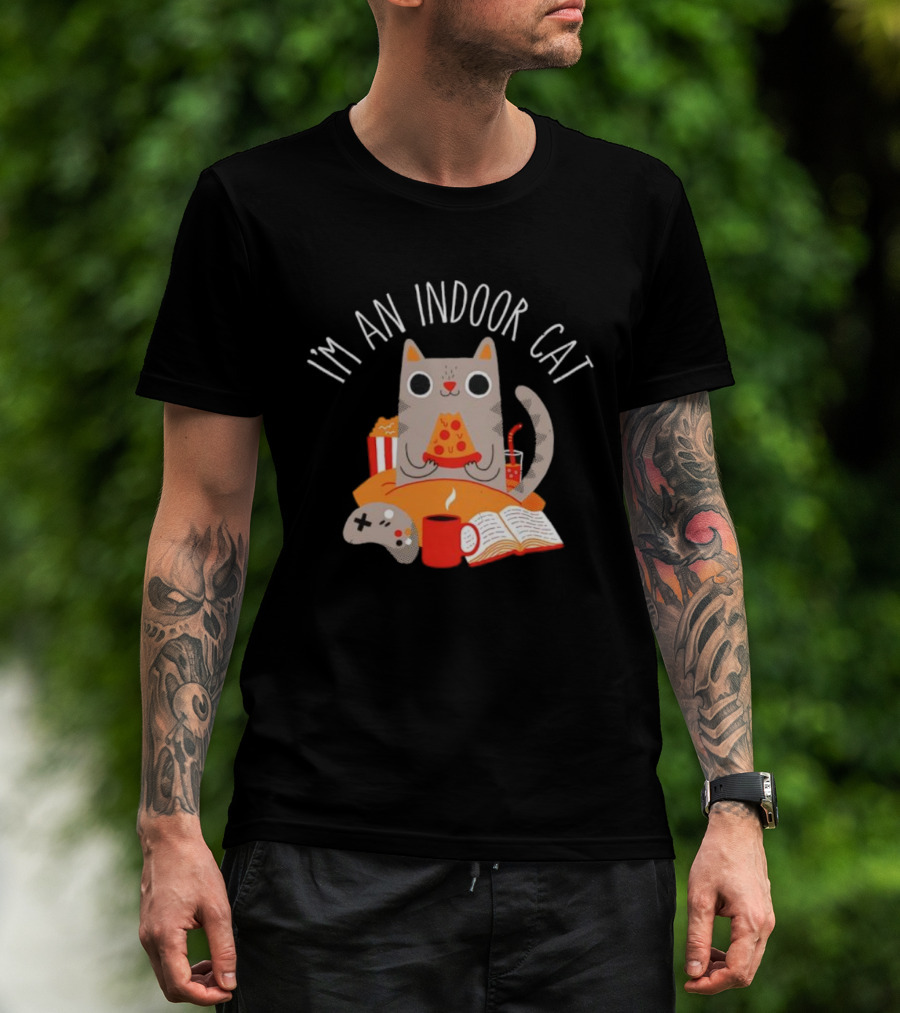 I'm An Indoor Cat Cartoon Cozy Vibes With Pizza, Popcorn, And Video Game Controller T-Shirt