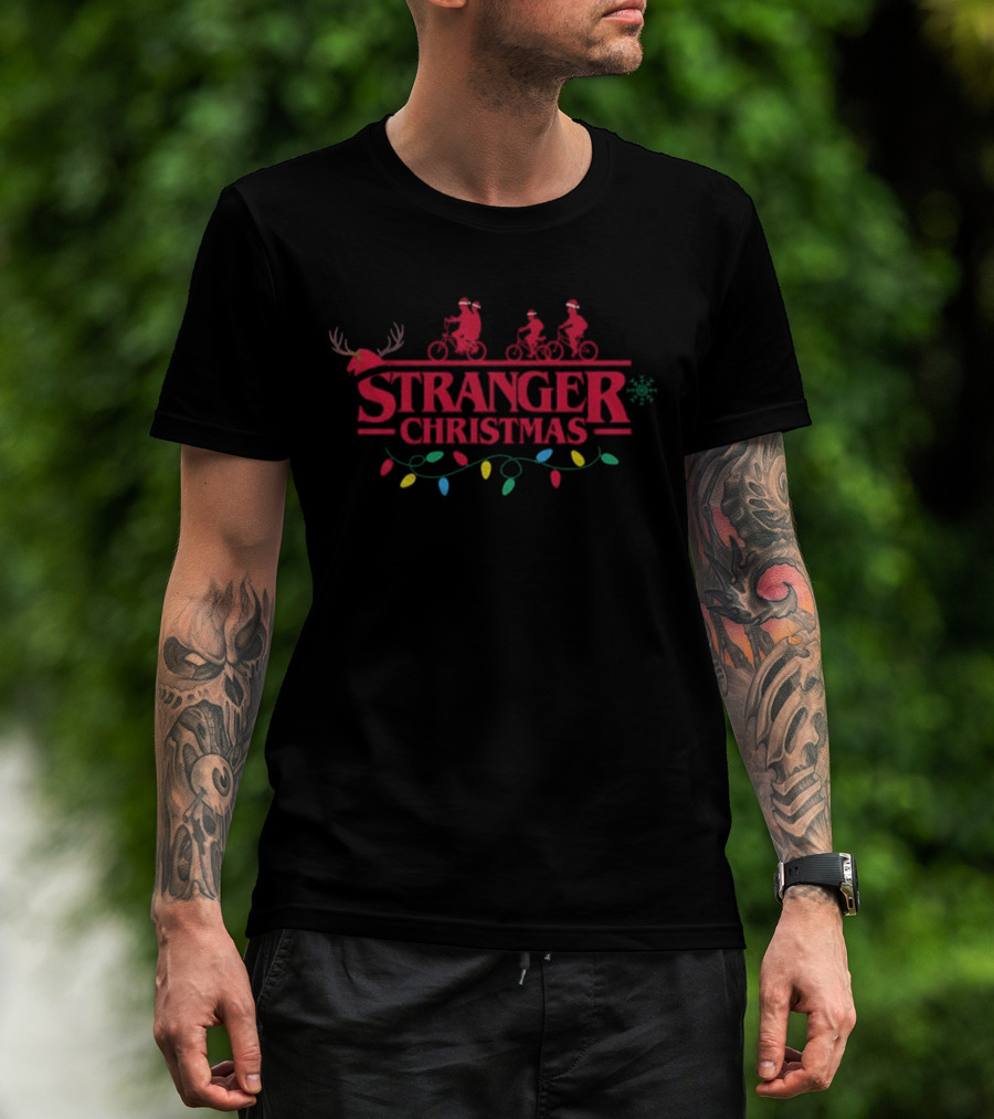 Stranger Christmas Santa Claus Upside Down Lights And Reindeer Antlers T-Shirt