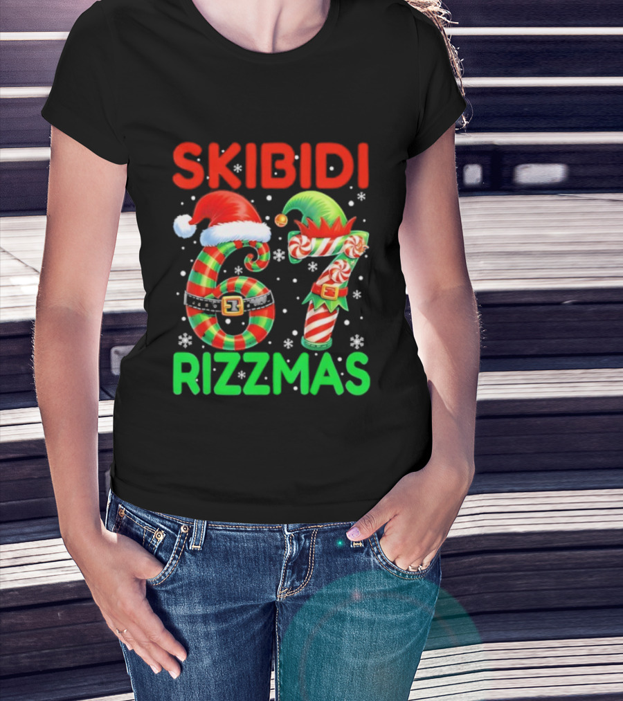Skibidi 67 Rizzmas Funny Christmas Elf Candy Cane Holiday Meme T-Shirt