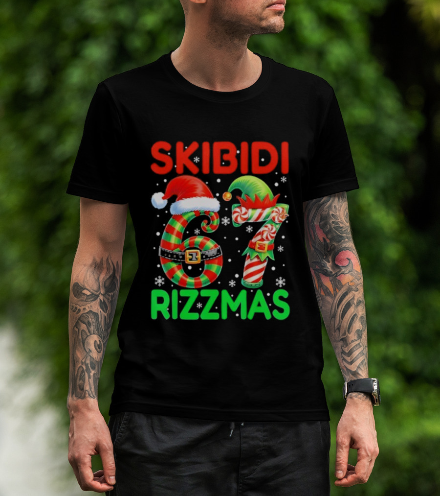 Skibidi 67 Rizzmas Funny Christmas Elf Candy Cane Holiday Meme T-Shirt