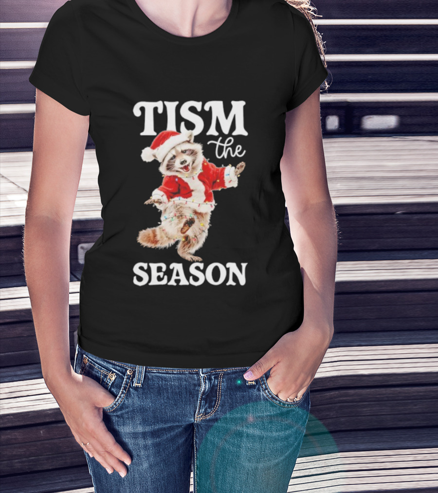 Tism The Season Raccoon Santa Christmas Autism Awareness T-Shirt