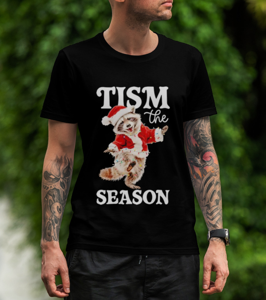 Tism The Season Raccoon Santa Christmas Autism Awareness T-Shirt