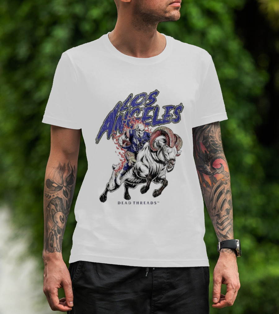 Los Angeles Rams Dead Threads Skull Face Riding Ram Mascot T-Shirt