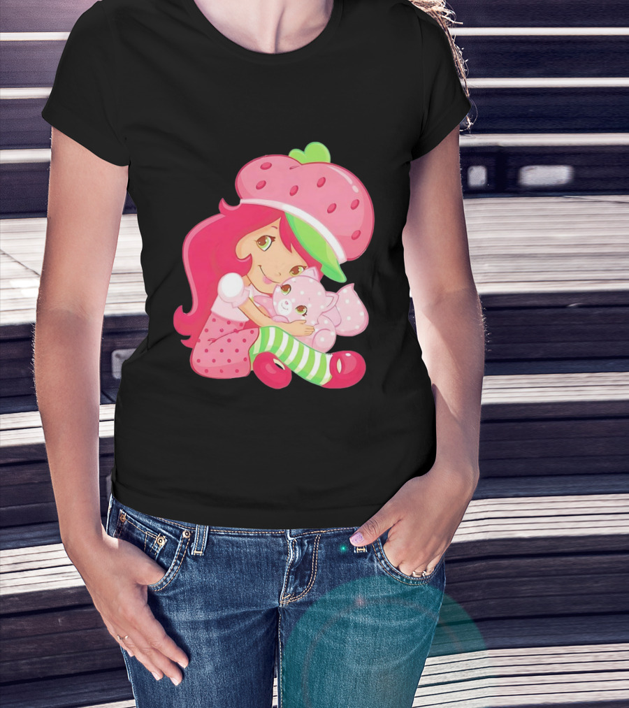 Strawberry Girl Hugging Pink Cat With Hat And Polka Dot Pants T-Shirt