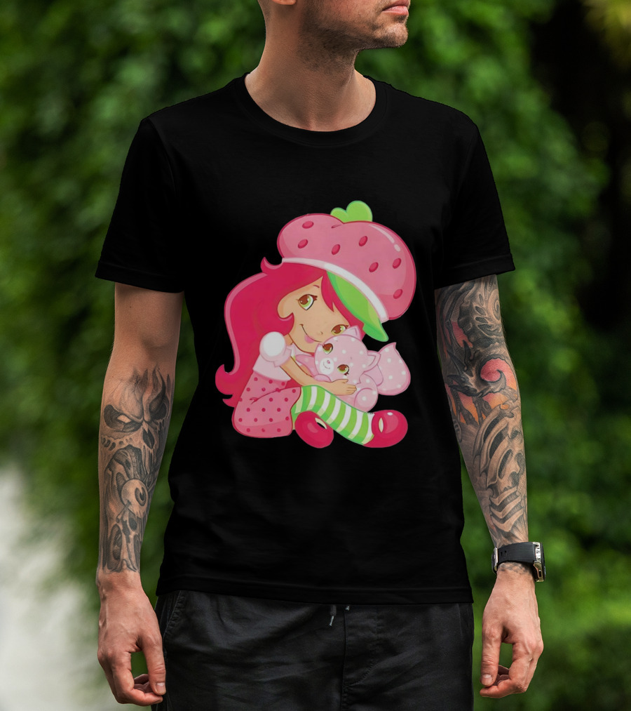 Strawberry Girl Hugging Pink Cat With Hat And Polka Dot Pants T-Shirt